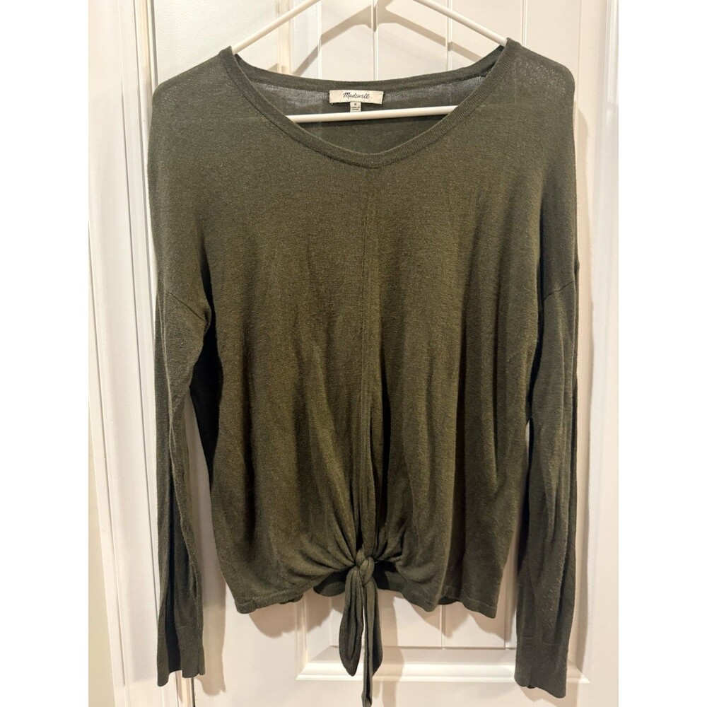 Madewell Dark Olive Green Soft Knit Scoop Neck Long Sleeve Top with Tie Medium